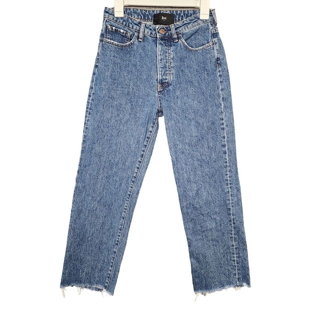 3X1 Sabina Distressed Raw Hem Button Fly Straight Denim Blue Jeans SIZE 26